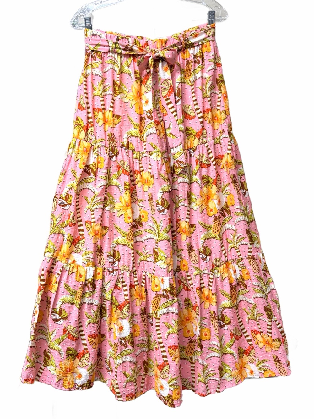 Alice Blue Pink Tropical Tropical Tiered Maxi Skirt Swiss Dot Size L Boho Beach